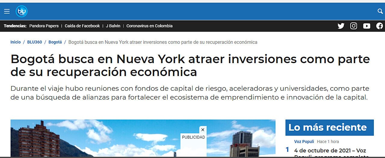 Bogot busca en Nueva York atraer inversiones como parte de su recuperacin econmica